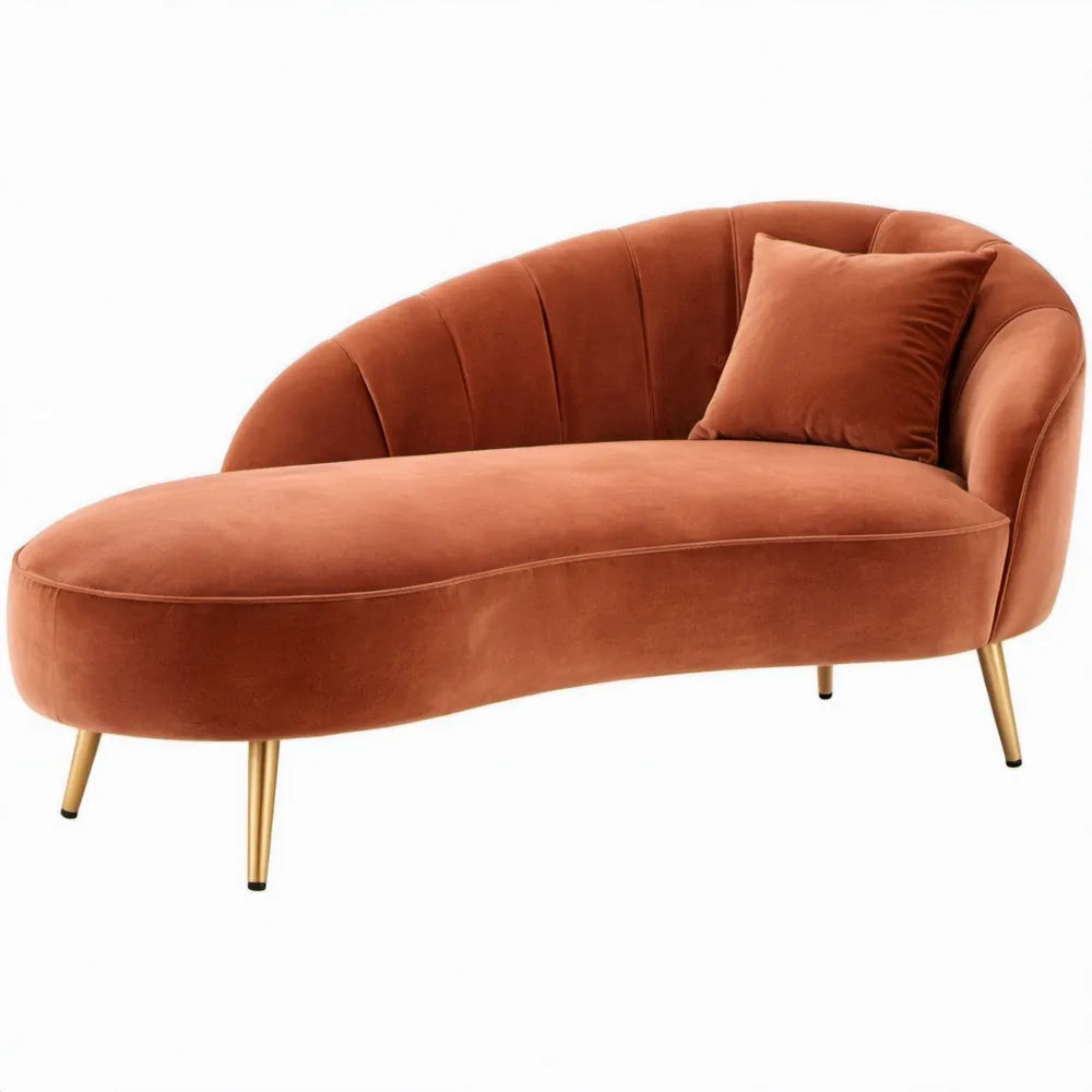 Roestbruine chaise longue van polyesterfluweel met goudkleurige poten en kussen, 160 x 75 x 78 cm