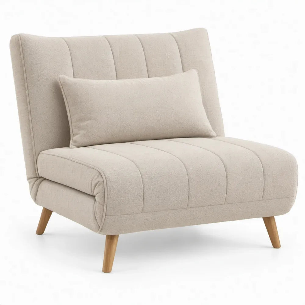 Crèmekleurige fauteuil met sierkussen en naturel rubberhouten poten 80 x 84 x 83 cm