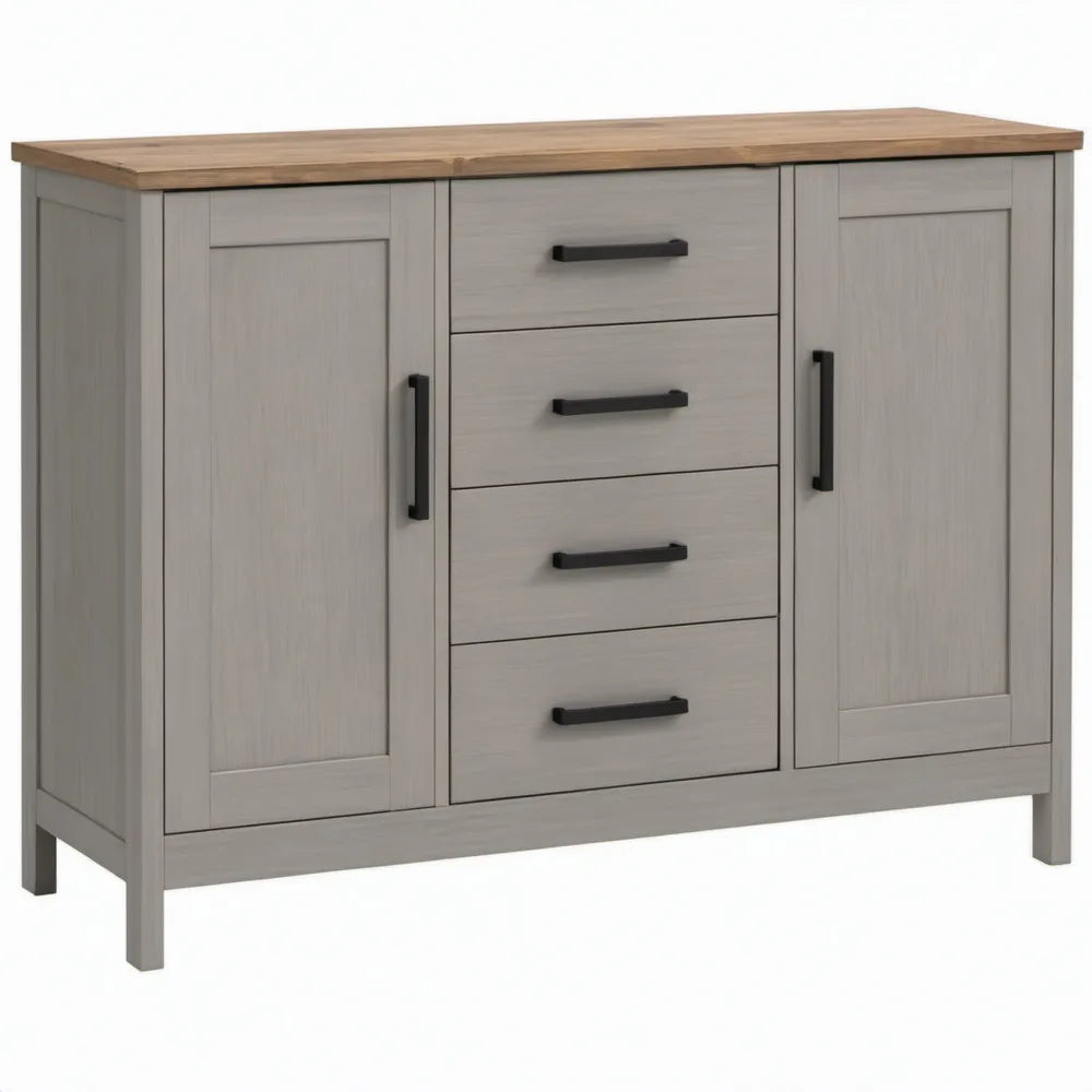 Dressoir van massief grenenhout met 4 laden en 2 deuren, 120 x 40 x 90 cm, grijs/naturel/zwart