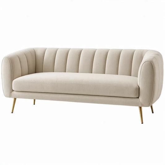 Crèmekleurige 3-zitsbank van bouclé, 210 x 86 x 78 cm, met goudkleurige stalen poten