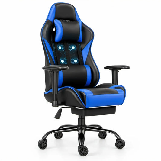 Gamingstoel met hoofdsteun en lendenkussen, zwart/blauw, PU-kunstleer, 65 x 65 x 118-128 cm