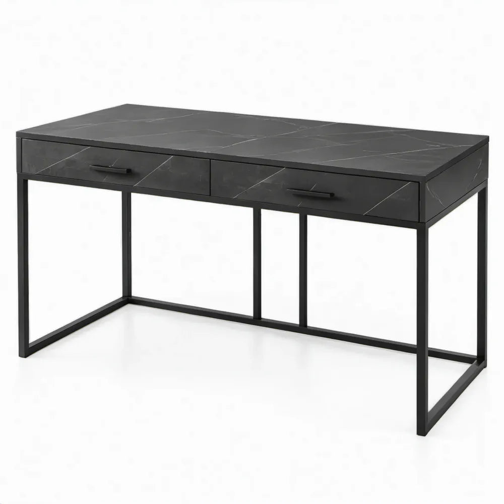 Bureau met 2 lades in zwart marmerlook, MDF en staal, 140 x 60 x 75 cm