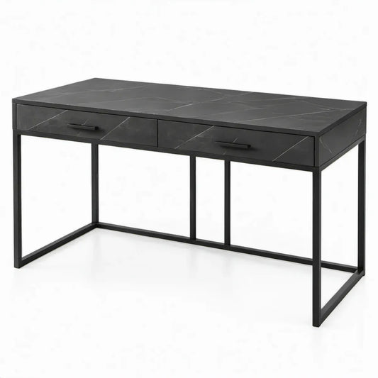 Bureau met 2 lades in zwart marmerlook, MDF en staal, 140 x 60 x 75 cm