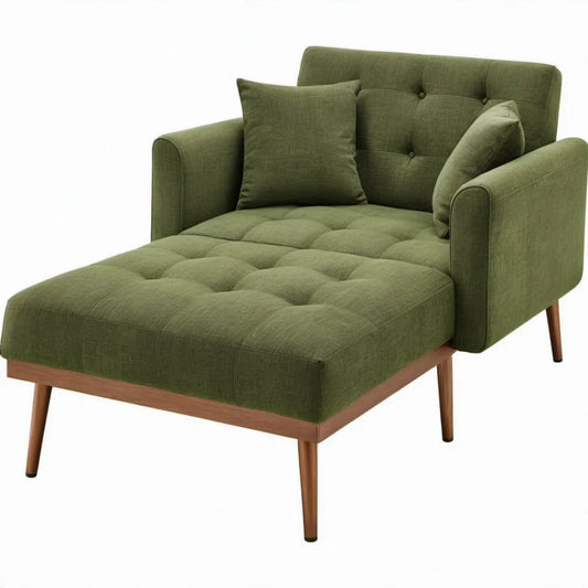 Olijfgroene chaise longue-fauteuil met bruine rubberhouten poten, 165 x 85 x 84 cm