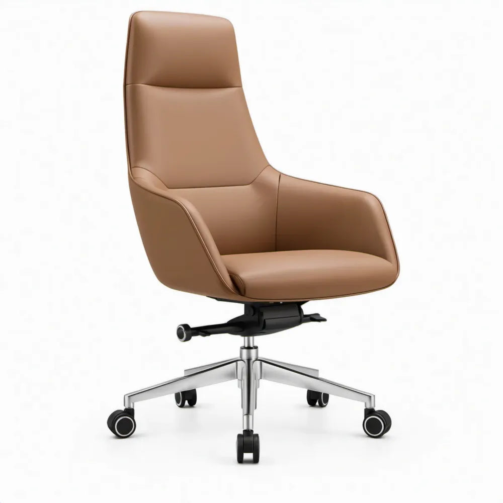 Draaibare bureaustoel met hoge rugleuning en armleuningen, 65 x 65 x 112-122 cm, camelbruin/zwart/zilver
