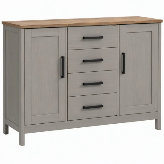 Dressoir van massief grenenhout met 4 laden en 2 deuren, 120 x 40 x 90 cm, grijs/naturel/zwart