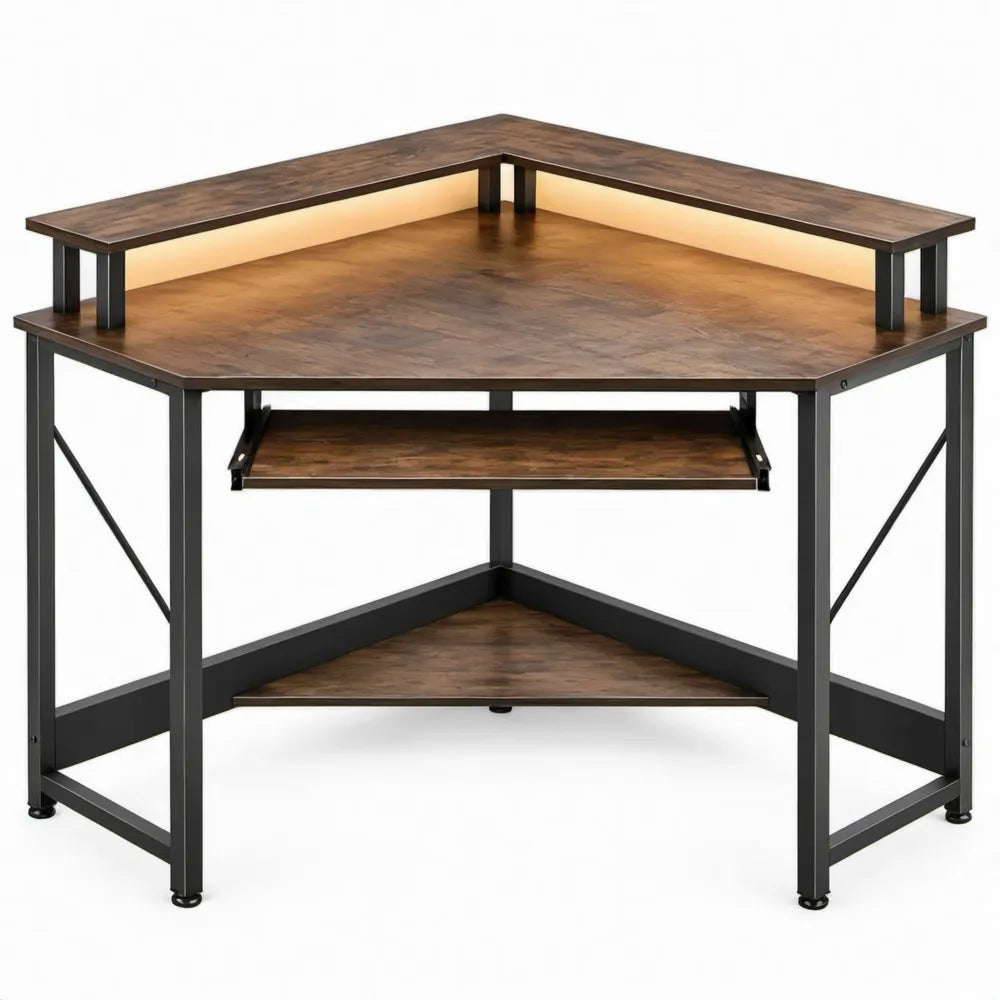 Hoekbureau met monitorverhoger en uitschuifbaar toetsenbordblad, 140 x 140 x 91 cm, Bruin/Zwart