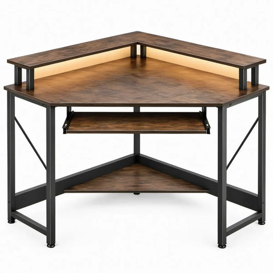 Hoekbureau met monitorverhoger en uitschuifbaar toetsenbordblad, 140 x 140 x 91 cm, Bruin/Zwart