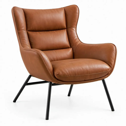 Cognacbruine loungefauteuil met hoge rugleuning en zwarte stalen poten, 78 x 85 x 100 cm