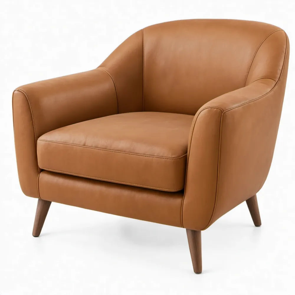 Cognackleurige loungestoel met armleuningen en houten poten, 78 x 82 x 85 cm