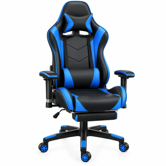 Zwart-blauwe gamingstoel van PU-kunstleer met voetsteun, 65 x 65 x 125-135 cm