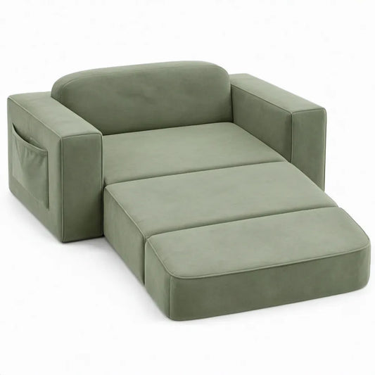 Uitklapbare fauteuil met eenpersoonsligvlak 90 x 190 cm in saliegroen polyesterfluweel