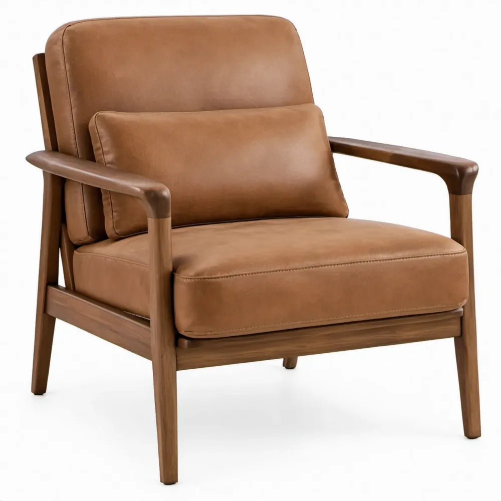 Loungefauteuil met armleuningen, cognac PU-kunstleer en walnootkleurig rubberhout, 68 x 76 x 85 cm