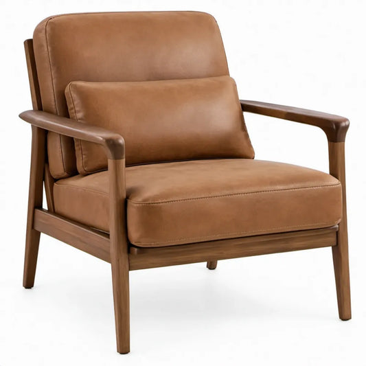Loungefauteuil met armleuningen, cognac PU-kunstleer en walnootkleurig rubberhout, 68 x 76 x 85 cm