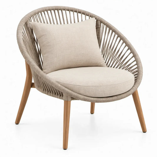 Ronde loungestoel van beige polyester touw en massief acaciahout met kussens, 75 x 78 x 82 cm
