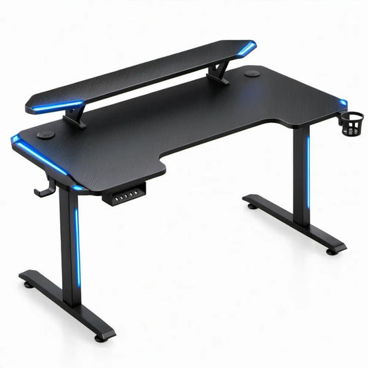 Gamingbureau met LED-verlichting, monitorstandaard, bekerhouder en hoofdtelefoonhaak - Zwart/Blauw - 140 x 60 x 75 cm