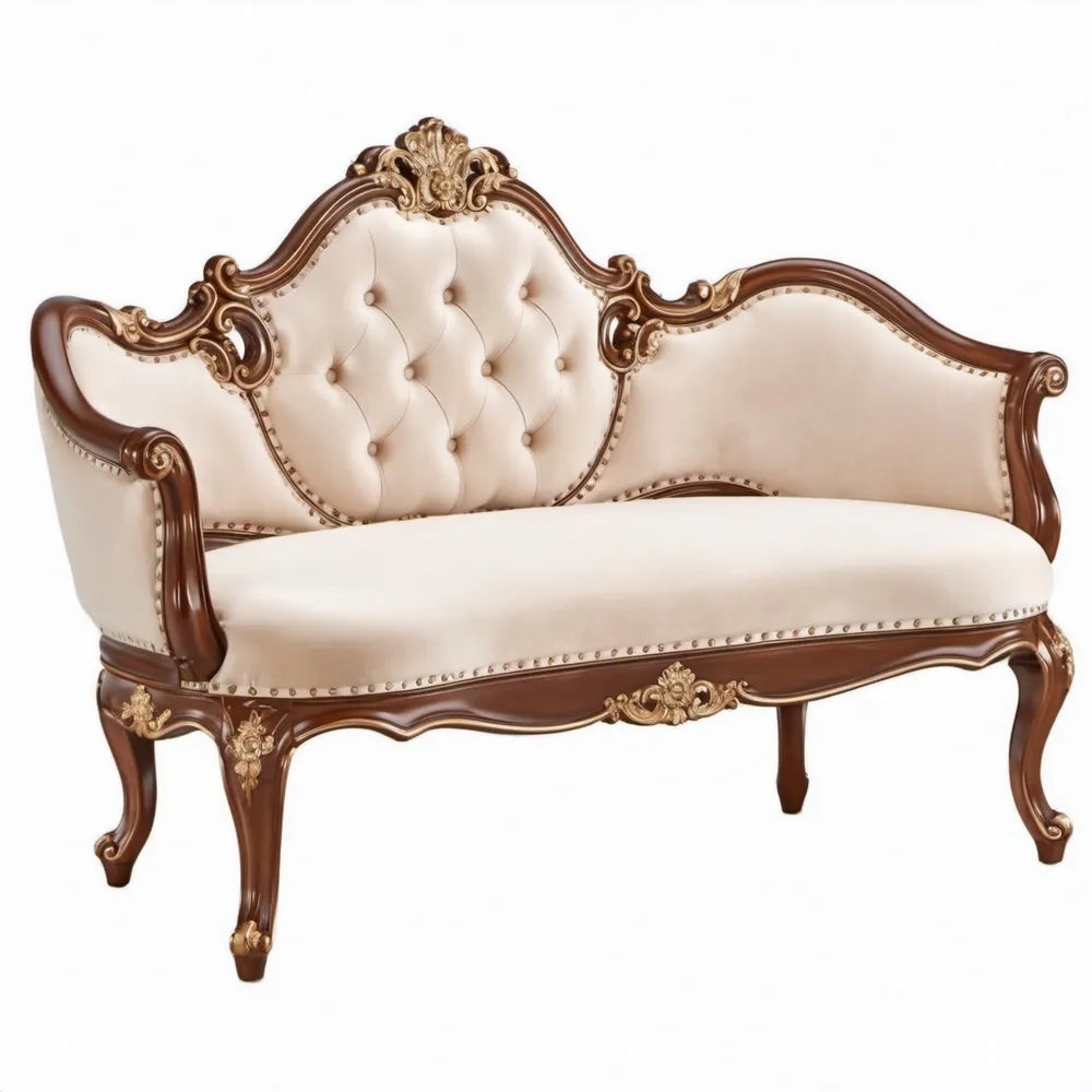 Klassieke tweezits loveseat met gebogen rugleuning, 160 x 75 x 120 cm, crème PU-kunstleer en massief beukenhout