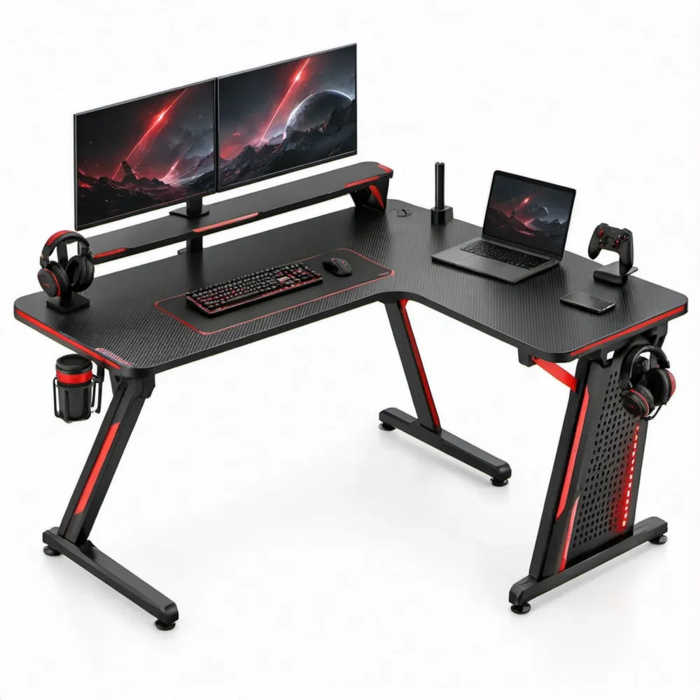 L-vormig gamingbureau 160 x 120 x 75 cm zwart/rood met monitorverhoger en kabelbeheer