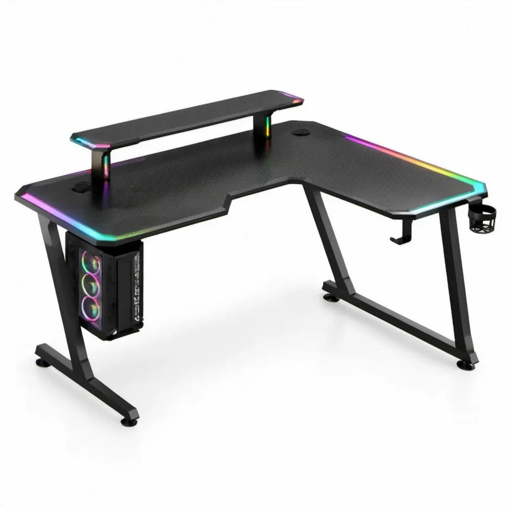 L-vormig gamingbureau 160 x 100 x 75 cm zwart met RGB-ledverlichting en monitorplatform