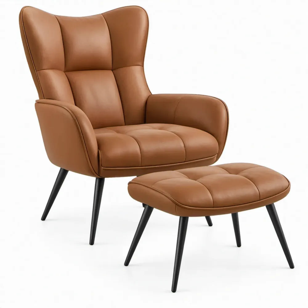 Cognackleurige PU-kunstleren fauteuil met voetenbank, zwart stalen poten, 75 x 85 x 105 cm