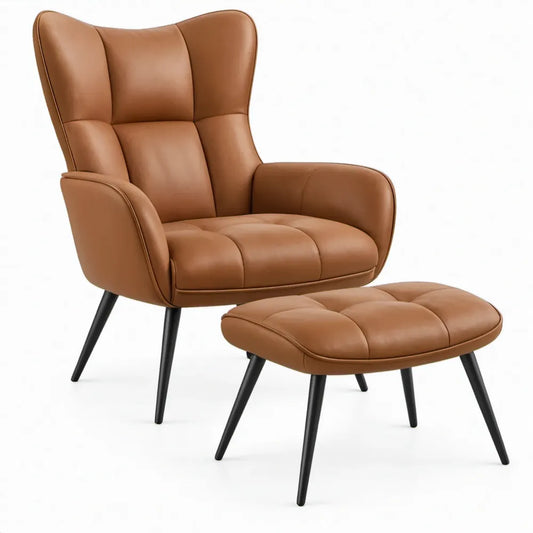 Cognackleurige PU-kunstleren fauteuil met voetenbank, zwart stalen poten, 75 x 85 x 105 cm